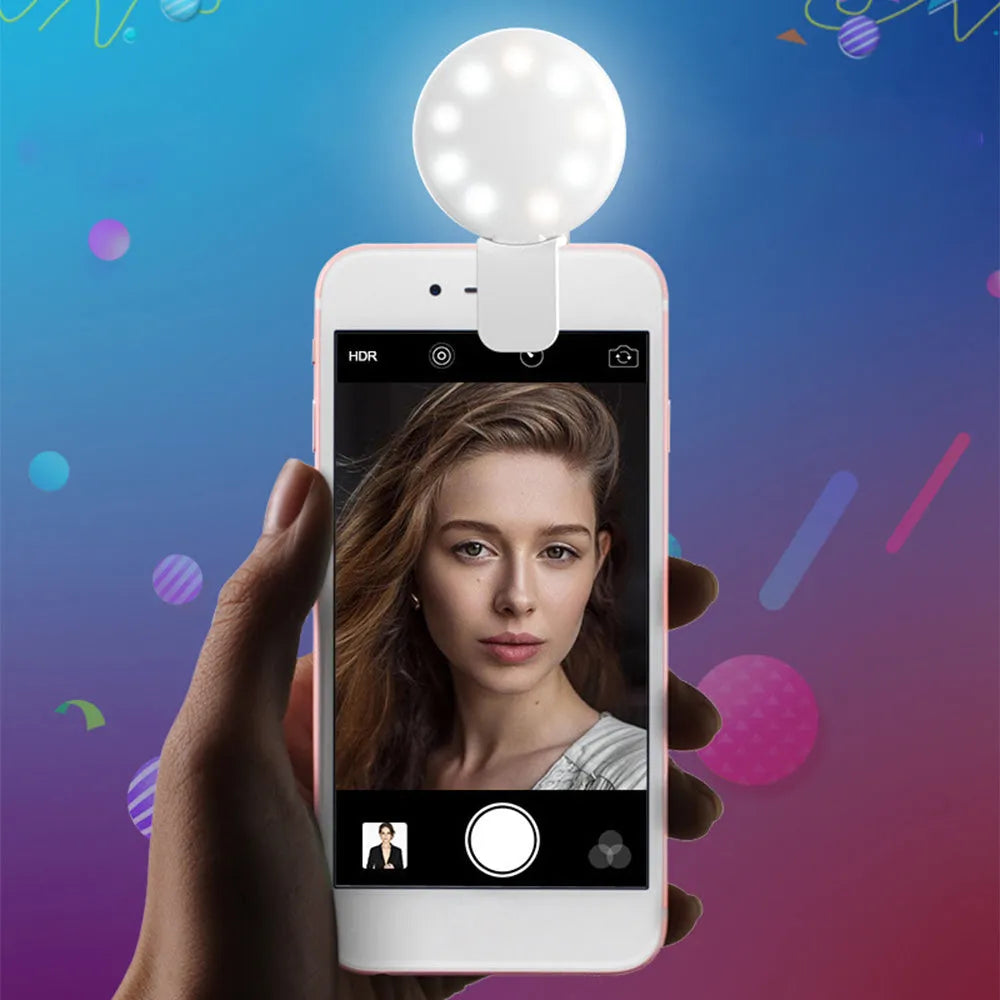 Mini clip-on LED fill light for mobile phone selfies in four colour options