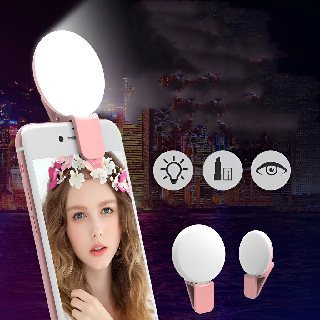 Mini clip-on LED fill light for mobile phone selfies in four colour options