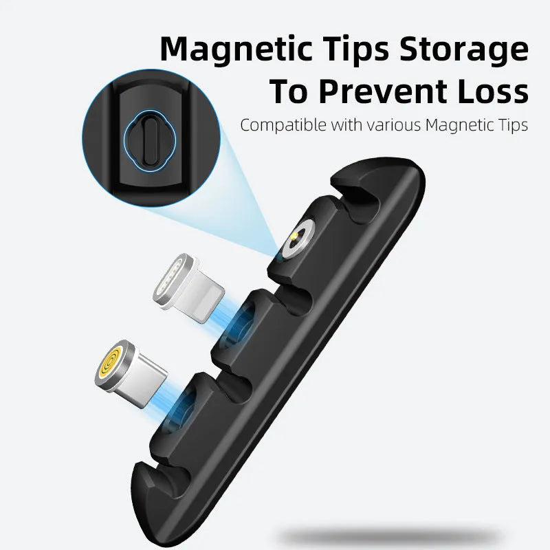 Black soft plastic desktop charging stand with adhesive base for organising cables.