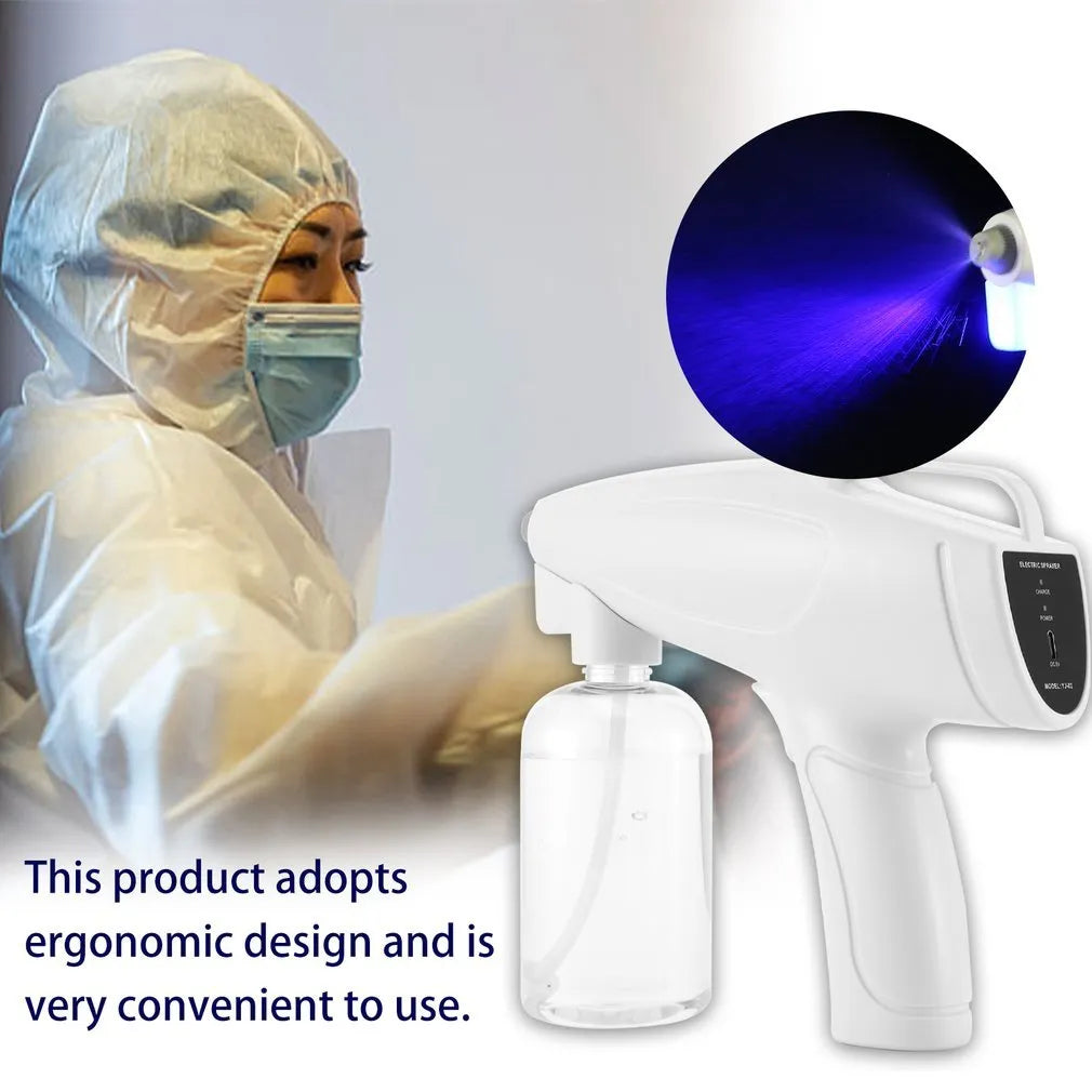 White handheld wireless electric spray disinfection gun with USB cable