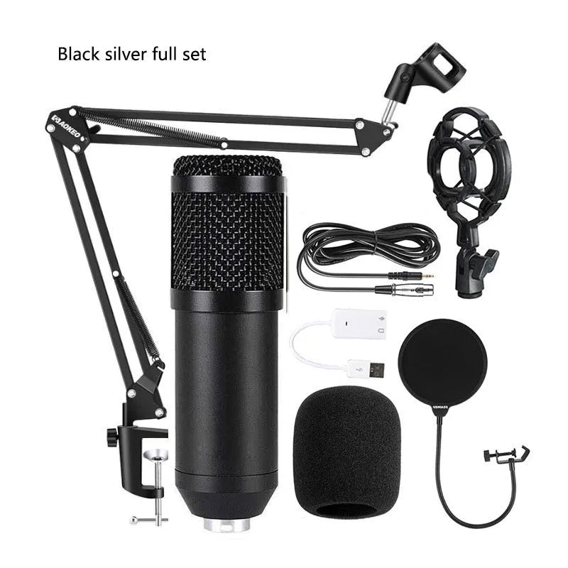 BM800 condenser microphone in shock mount on a cantilever bracket with a large pop filter attached.