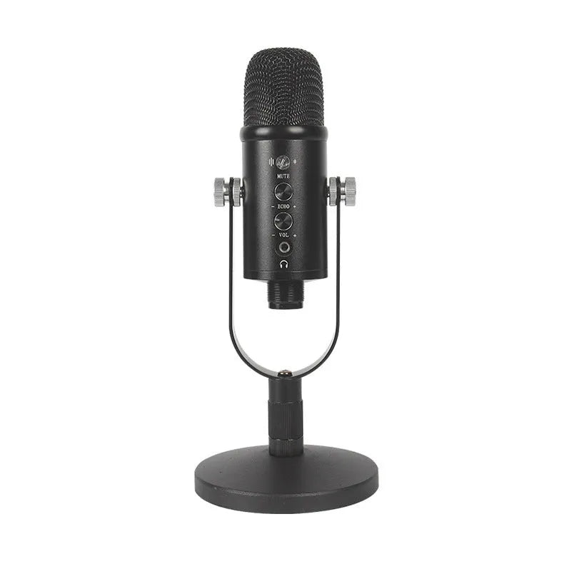 Black USB condenser microphone BM-86PRO on metal stand with sponge cover and cable.