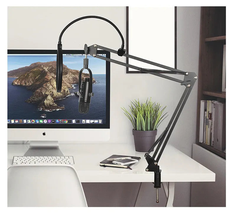 Black USB condenser microphone BM-86PRO on metal stand with sponge cover and cable.