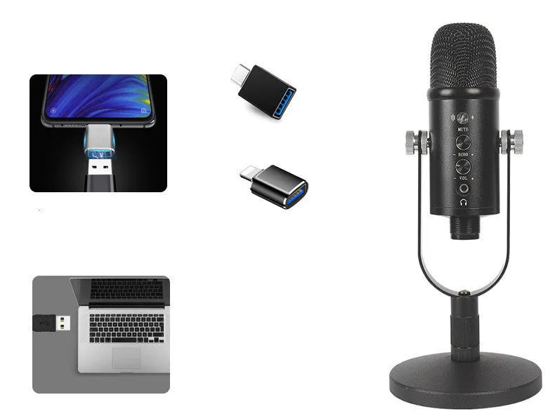 Black USB condenser microphone BM-86PRO on metal stand with sponge cover and cable.