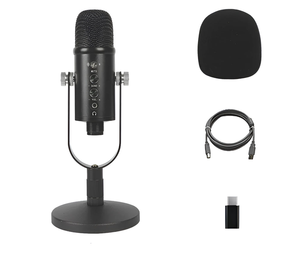 Black USB condenser microphone BM-86PRO on metal stand with sponge cover and cable.