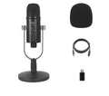 Black USB condenser microphone BM-86PRO on metal stand with sponge cover and cable.