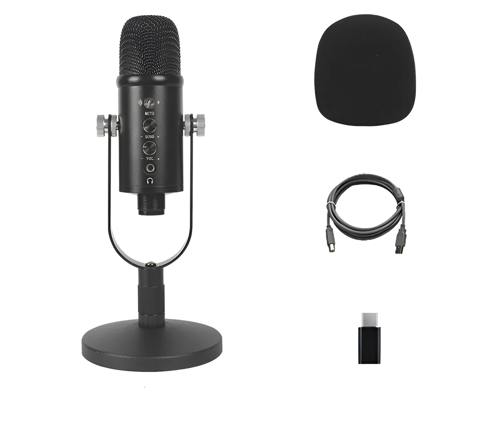 Black USB condenser microphone BM-86PRO on metal stand with sponge cover and cable.