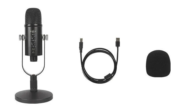 Black USB condenser microphone BM-86PRO on metal stand with sponge cover and cable.
