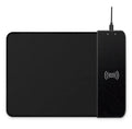Black wireless charging mouse pad with cartoon design, showing RGB lighting and USB cable.