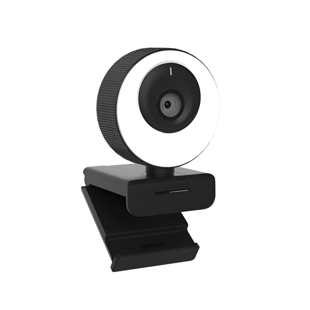 Black USB webcam with magnetic privacy cover on computer monitor