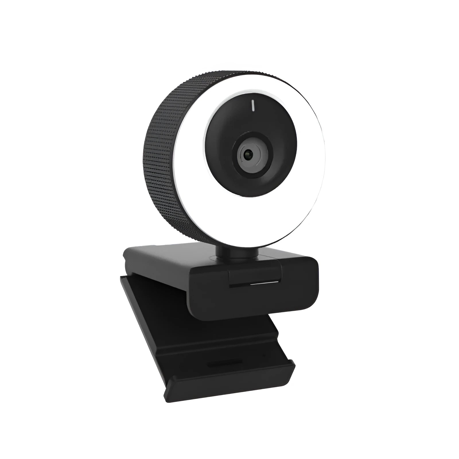 Black USB webcam with magnetic privacy cover on computer monitor