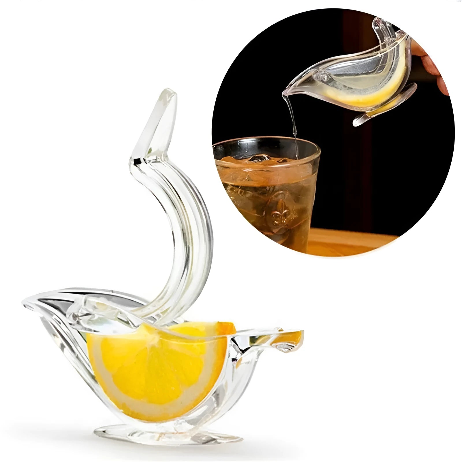 Transparent acrylic bird shaped manual lemon juicer with dimensions 12x3.5x5.1cm on a clean countertop
