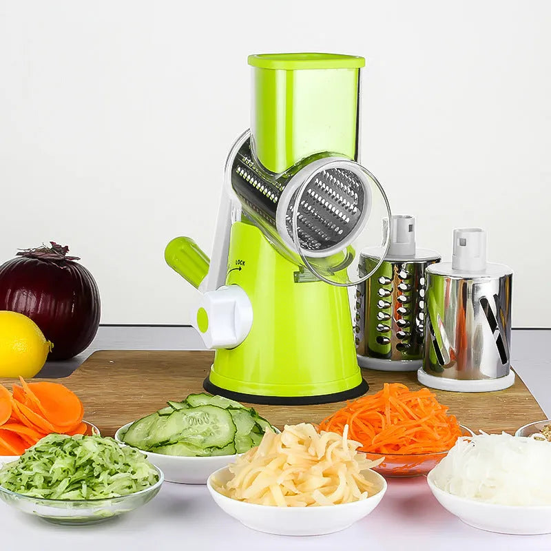 Blue multi-function food chopper with suction cup base for slicing, grating and shredding vegetables.