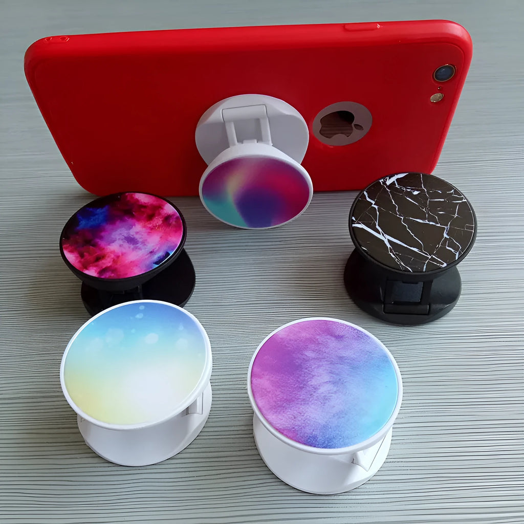 Thermal transfer creative folding mobile phone holder on desktop with universal fit and aluminium sheet style option