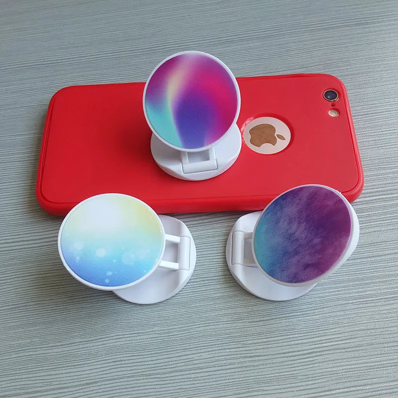 Thermal transfer creative folding mobile phone holder on desktop with universal fit and aluminium sheet style option