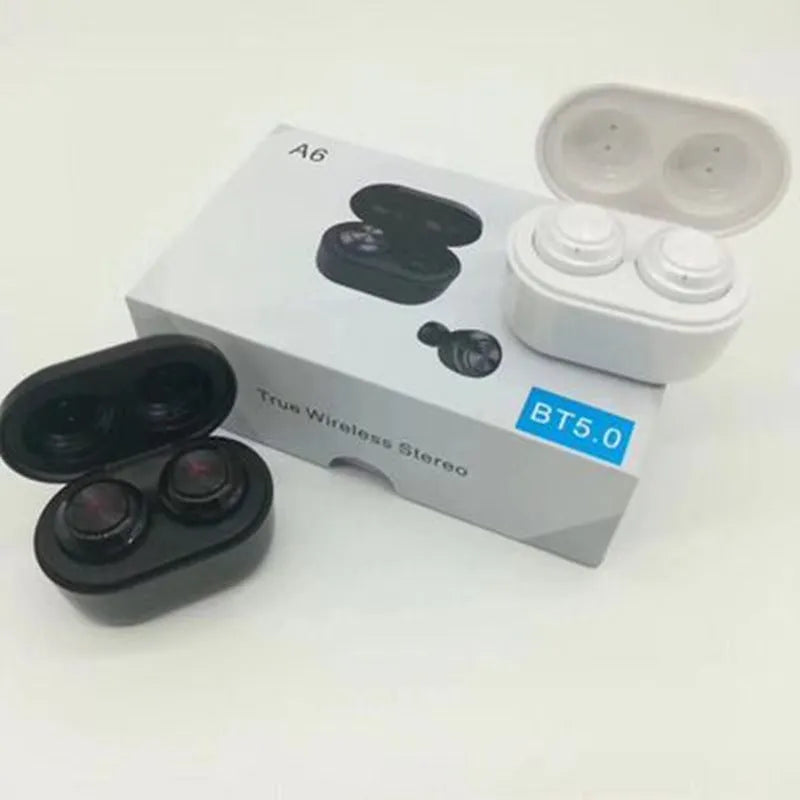 A6 TWS wireless Bluetooth earbuds in black and white colours with charging case