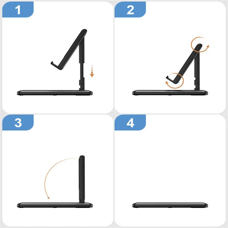 Retractable foldable mobile phone desktop stand in black on desk showing adjustable height and angle