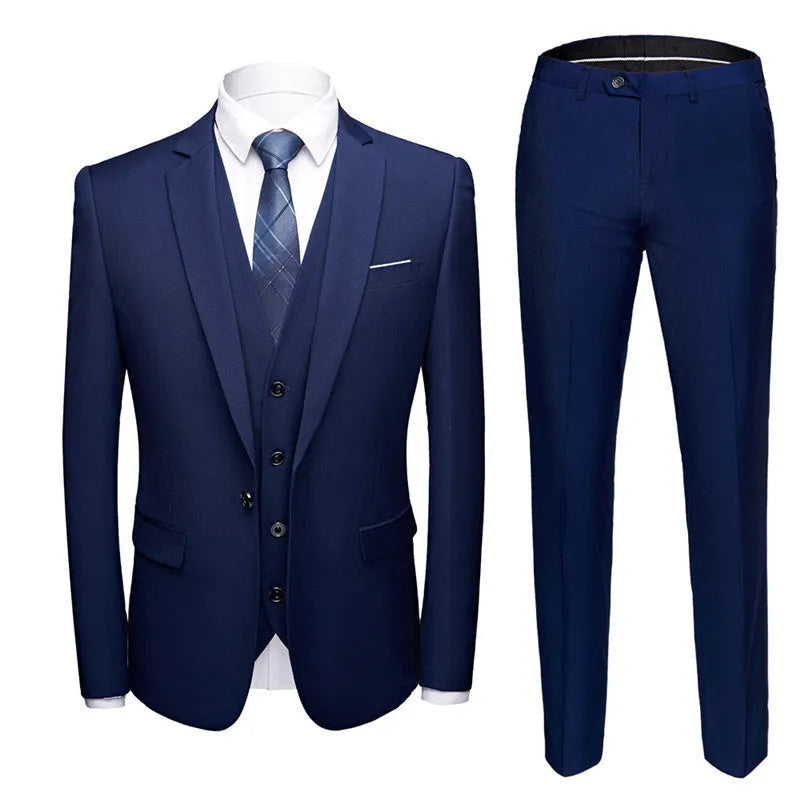 Men's business suit set with single-button placket, flat collar, and back slit, in black, blue, khaki, purple, red, or yellow