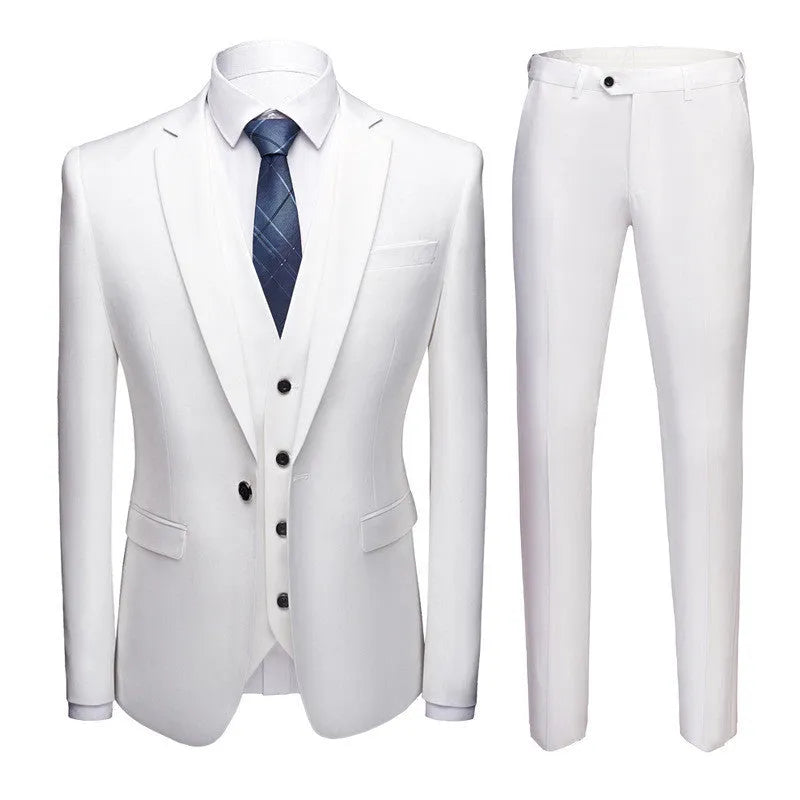 Men's business suit set with single-button placket, flat collar, and back slit, in black, blue, khaki, purple, red, or yellow