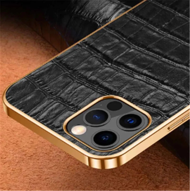 Leather phone case for Apple iPhone X to 12 Pro Max, soft electroplated back cover in black
