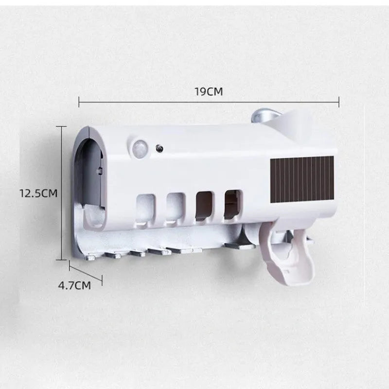 Black wall-mounted toothbrush steriliser with UV light and integrated toothpaste squeezer.