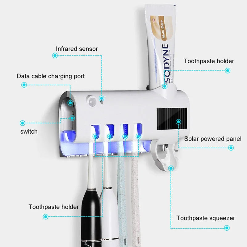 Black wall-mounted toothbrush steriliser with UV light and integrated toothpaste squeezer.