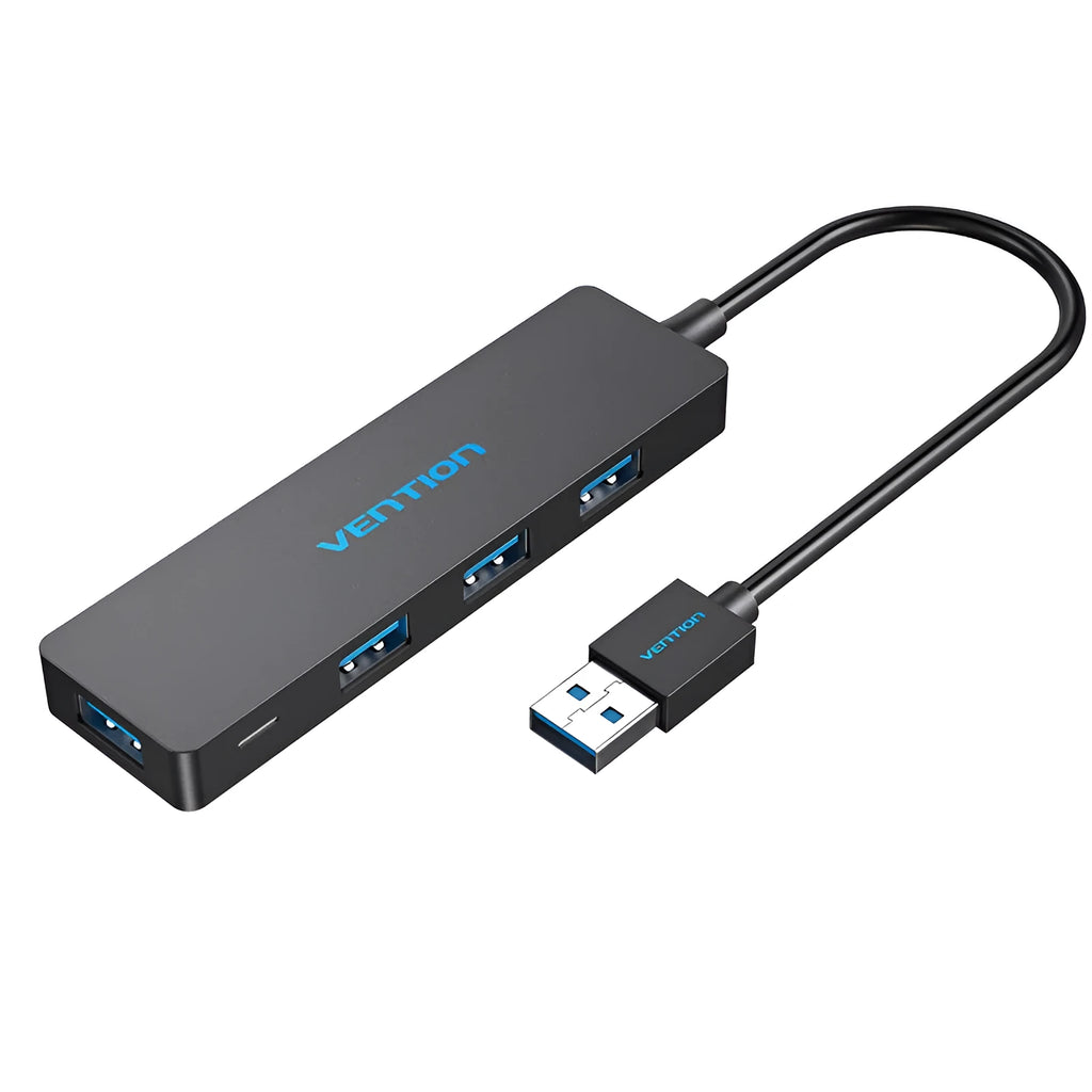 Black USB 3.0 hub with 4 ports and 15cm shielded cable connecting to computer