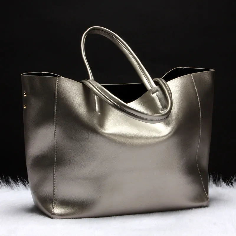 Cowhide leather women's shoulder bag in multiple colours showing dimensions and carrying methods