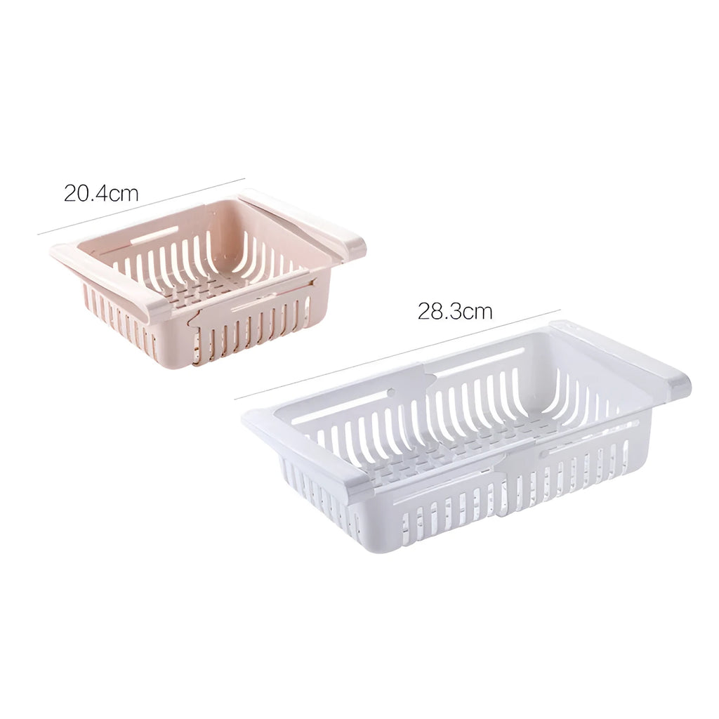 Telescopic plastic refrigerator storage basket in blue colour organising fruits and vegetables in drawer