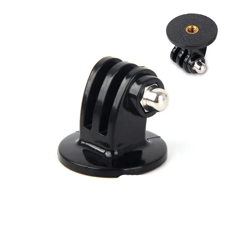 GoPro camera adapter set showing plastic-handled screw, head screw adapter, and selfie stick connector on a grey background.