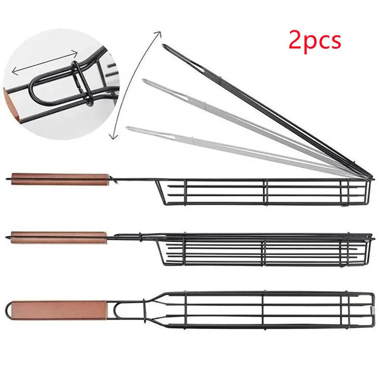 Burlywood barbecue grill mesh basket with rotary lid and long wood handle on a grill