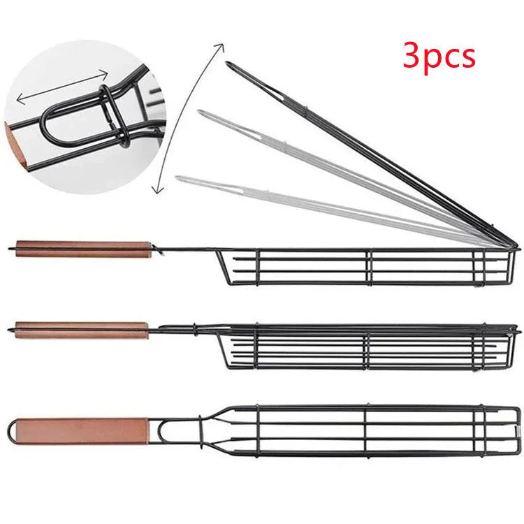 Burlywood barbecue grill mesh basket with rotary lid and long wood handle on a grill