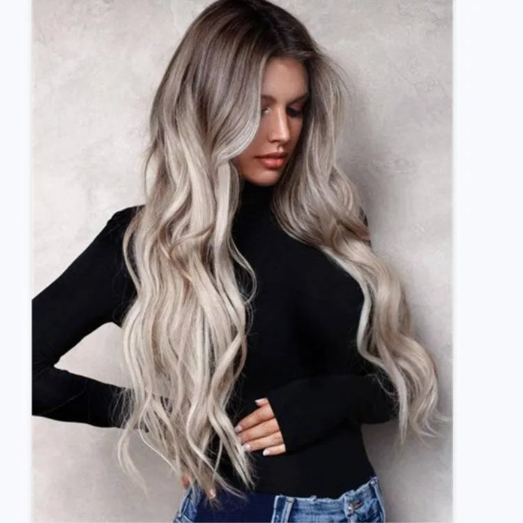 Big wavy long curly hair wig for ladies with long bangs in Grandma Ash colour, high temperature wire