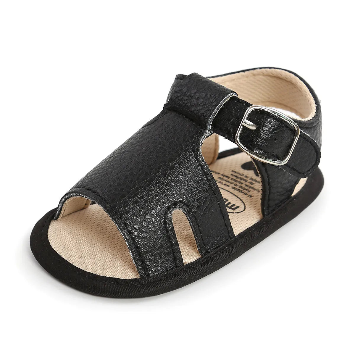 Summer baby sandals in black with breathable synthetic leather upper and non-slip sole, size 11cm