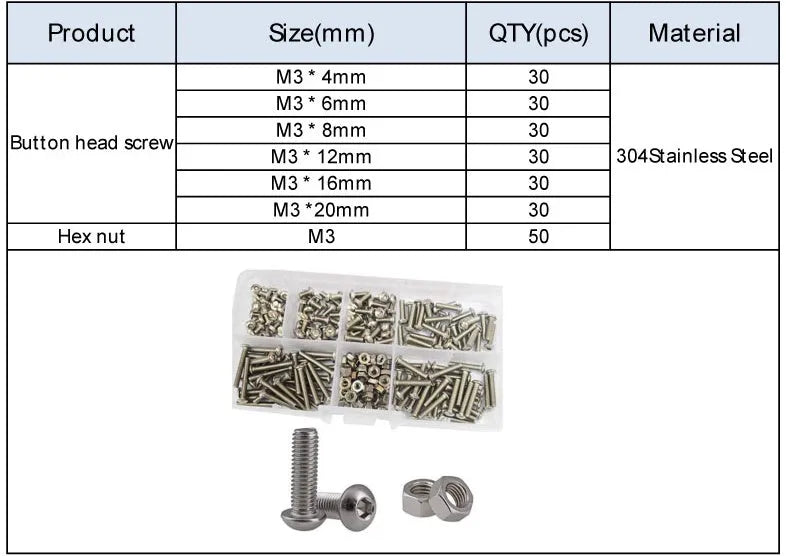 M3 round head hexagon socket screws and 230pcs nuts in 304 stainless steel, 4-20mm lengths