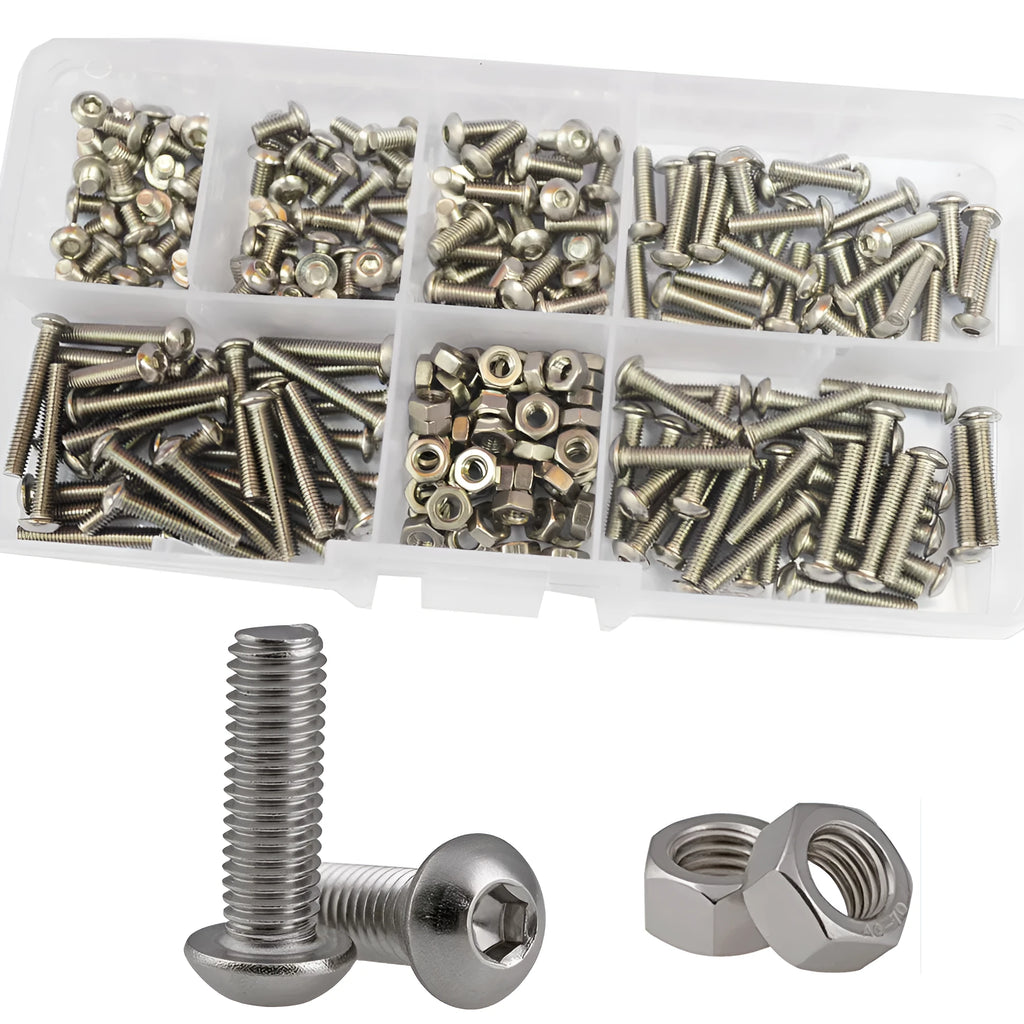 M3 round head hexagon socket screws and 230pcs nuts in 304 stainless steel, 4-20mm lengths