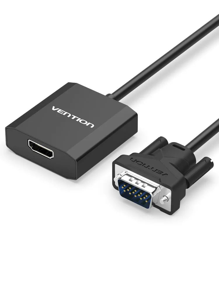 HDMI to VGA adapter cable in silver with 25cm length showing HDMI and VGA connectors