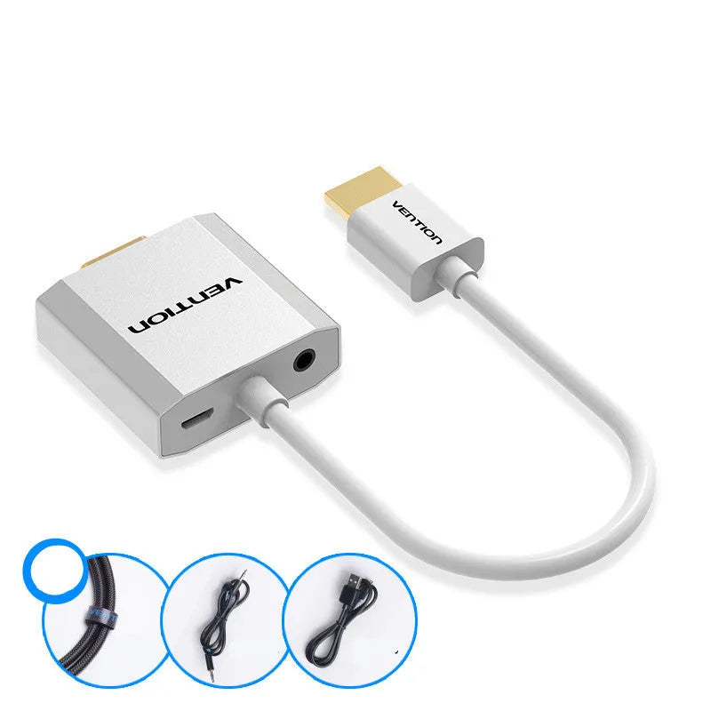 HDMI to VGA adapter cable in silver with 25cm length showing HDMI and VGA connectors