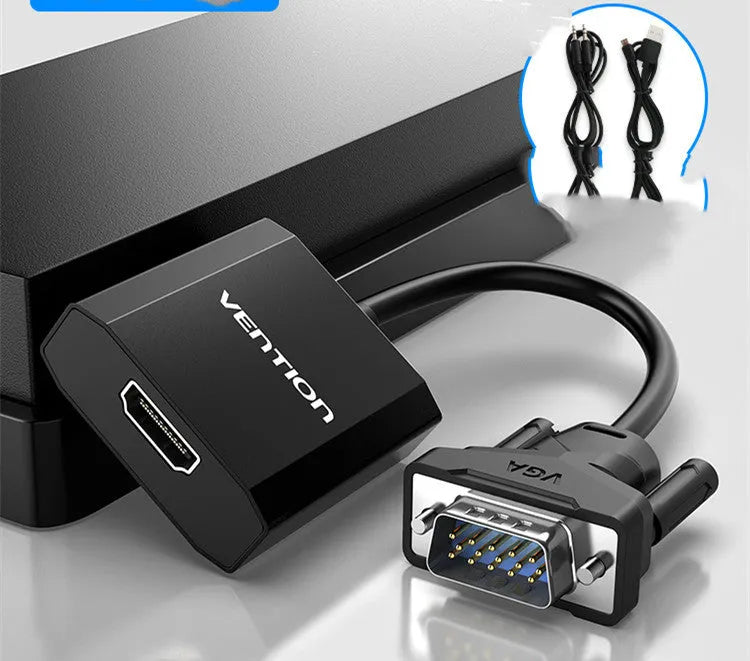 HDMI to VGA adapter cable in silver with 25cm length showing HDMI and VGA connectors