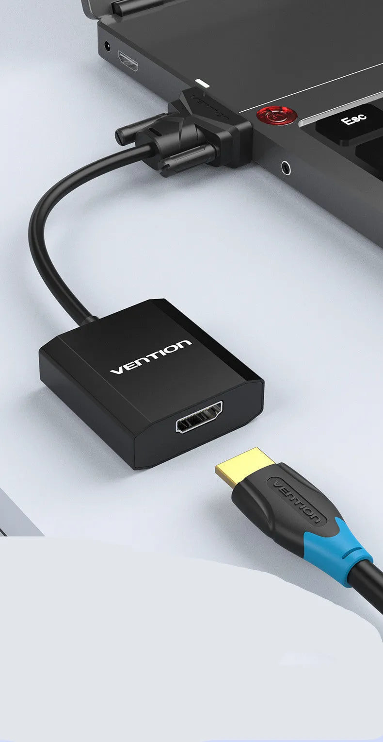 HDMI to VGA adapter cable in silver with 25cm length showing HDMI and VGA connectors