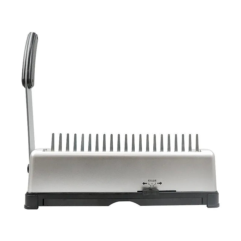 White A4 manual comb binding machine with 21-hole clamp strip and 10-hole apron strip options on desk