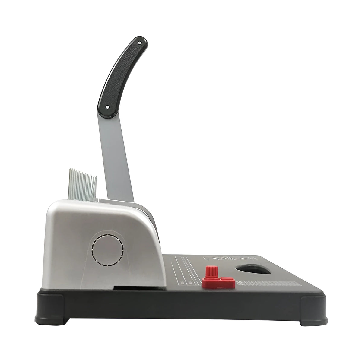 White A4 manual comb binding machine with 21-hole clamp strip and 10-hole apron strip options on desk