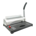 White A4 manual comb binding machine with 21-hole clamp strip and 10-hole apron strip options on desk