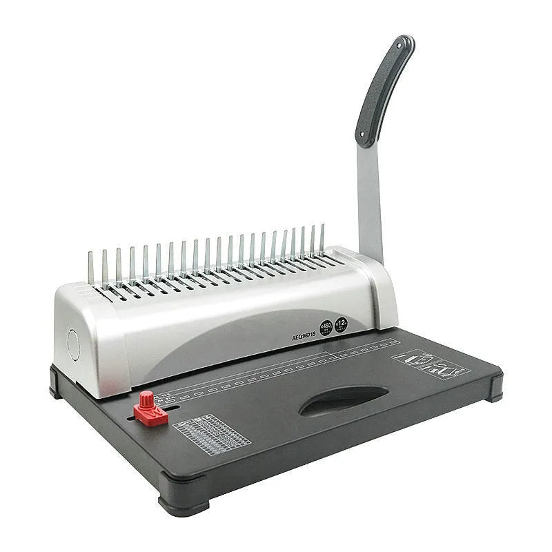 White A4 manual comb binding machine with 21-hole clamp strip and 10-hole apron strip options on desk