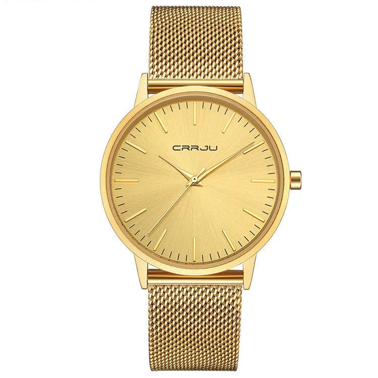 Casual men's and women's quartz watch with alloy case and mesh strap, black dial, 30m water resistance