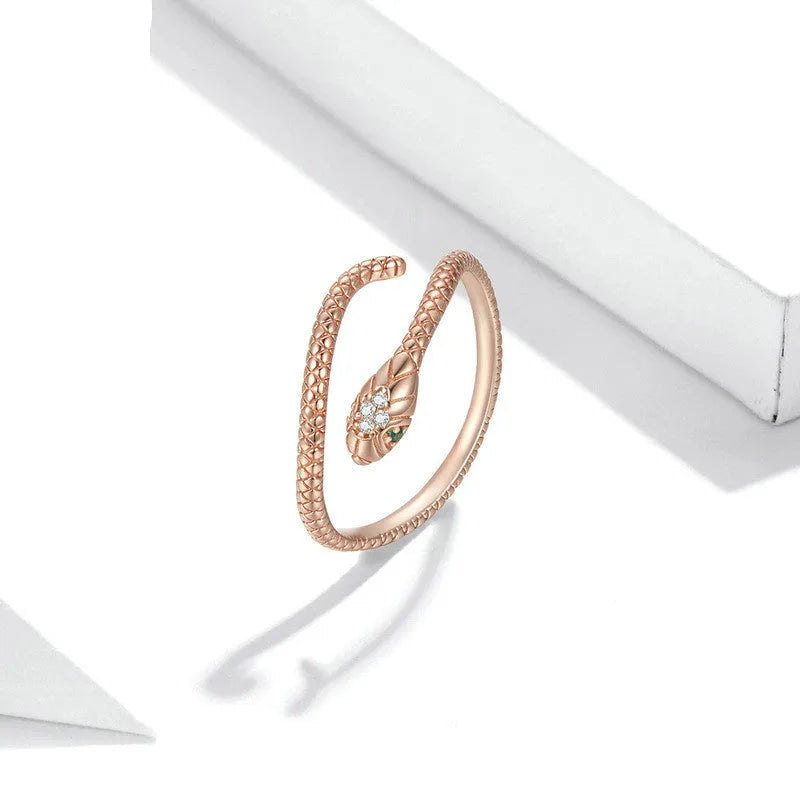 S925 silver adjustable snake ring with electroplated gold finish and diamond cut surface