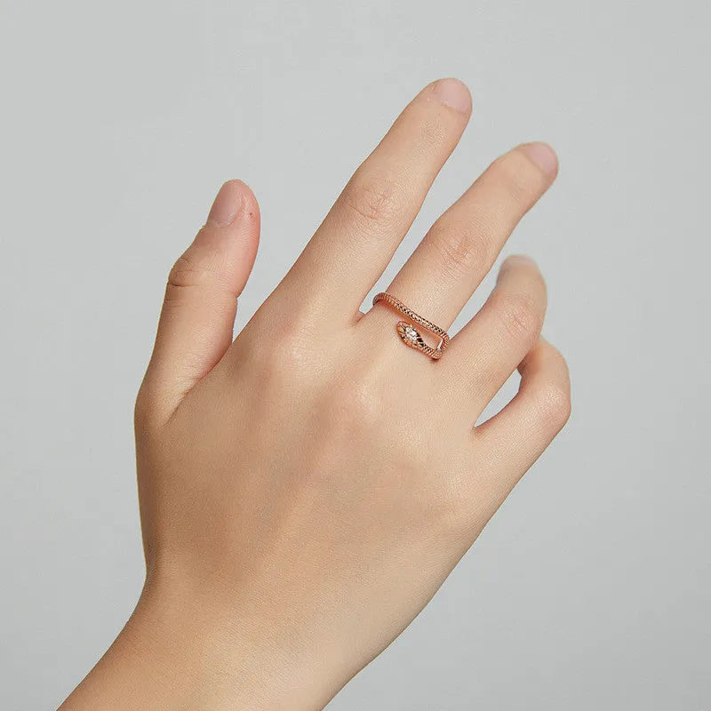 S925 silver adjustable snake ring with electroplated gold finish and diamond cut surface