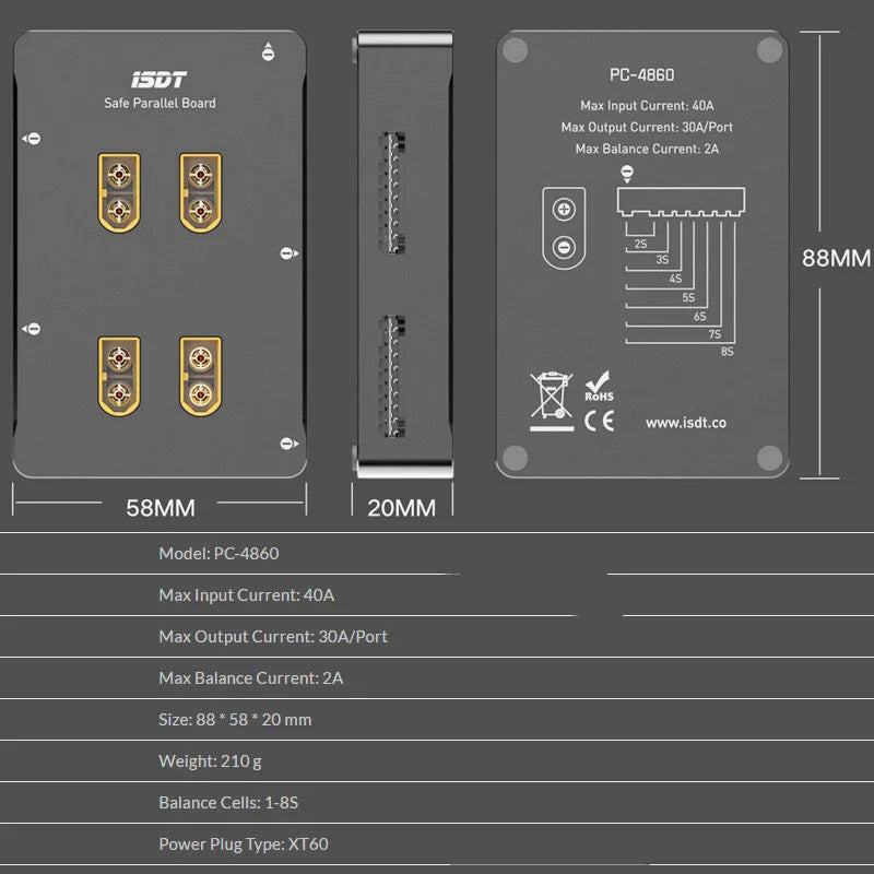 Grey Astor parallel charging board for RC vehicle batteries with multiple connection points