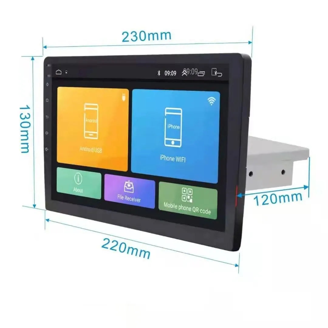 Black GM car navigator with large rotating LCD screen and Android system on dashboard