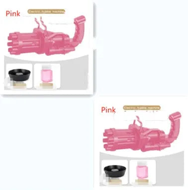 Kids bubble machine gun toy in pink, gold, or black colours with battery compartment and bubble solution